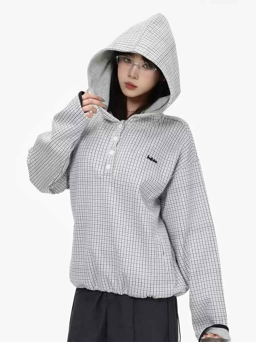 Checkered Half-Button Hooded Jacket Korean Street Fashion Jacket By INS Korea Shop Online at OH Vault