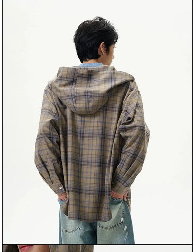 Plaid Buttons Hooded Shirt Korean Street Fashion Shirt By 77Flight Shop Online at OH Vault