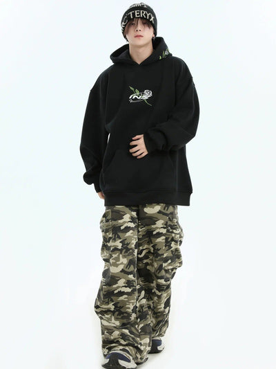 Logo & Rose Embroidery Hoodie Korean Street Fashion Hoodie By INS Korea Shop Online at OH Vault