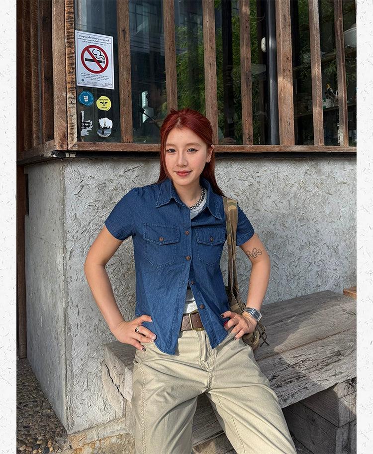 Breast Pockets Slim Fit Denim Shirt Korean Street Fashion Shirt By Made Extreme Shop Online at OH Vault