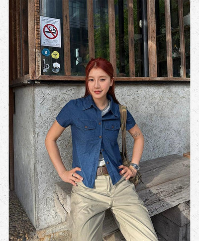 Breast Pockets Slim Fit Denim Shirt Korean Street Fashion Shirt By Made Extreme Shop Online at OH Vault