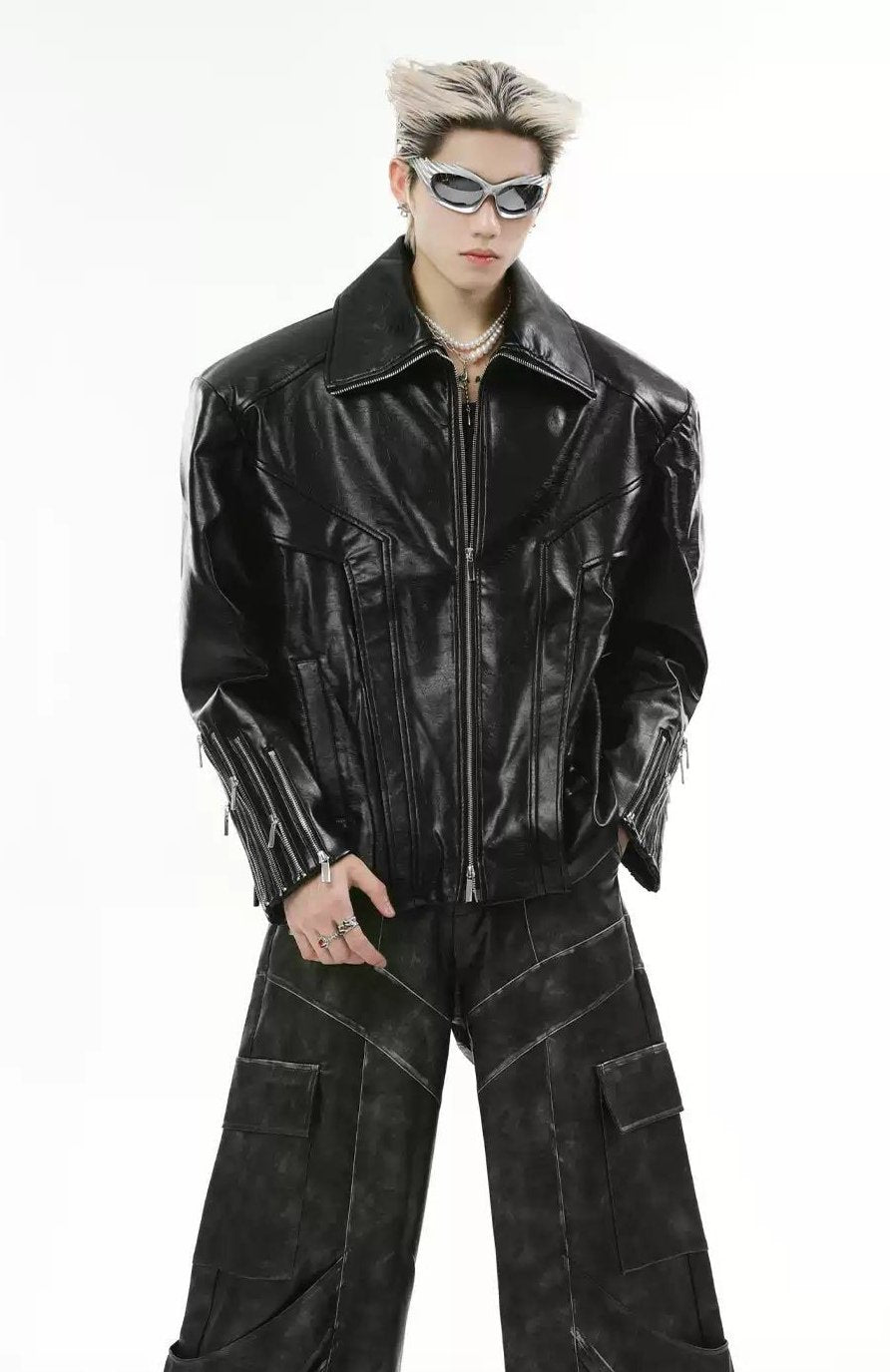 Multi-Zippers and Lines PU Leather Jacket Korean Street Fashion Jacket By Turn Tide Shop Online at OH Vault