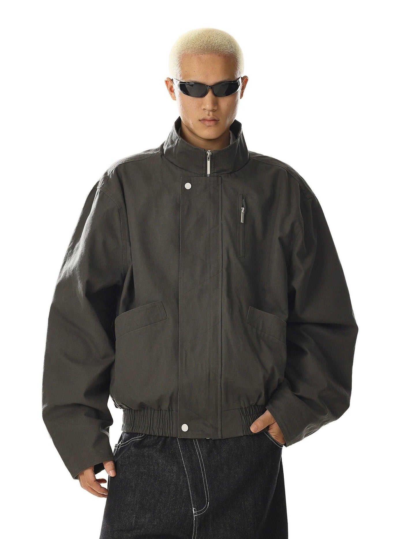 Stand Collar Ruched Hem Jacket Korean Street Fashion Jacket By MEBXX Shop Online at OH Vault