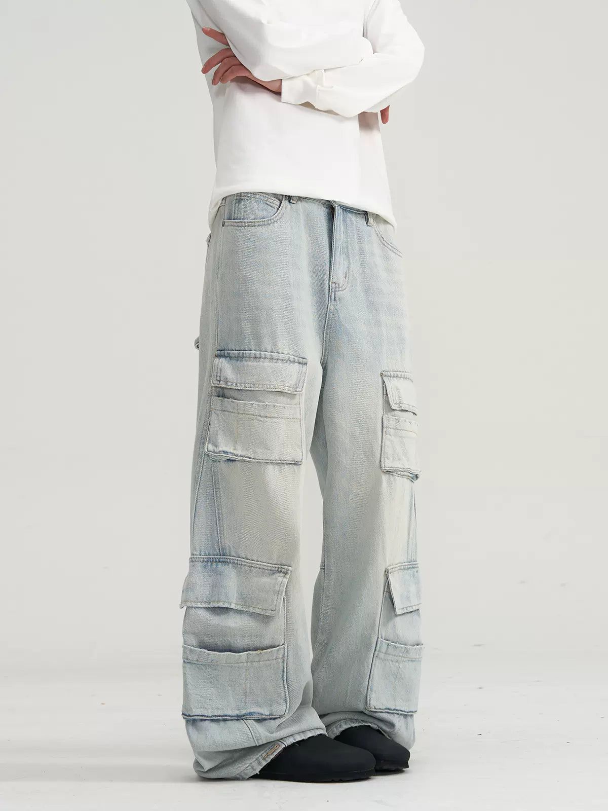 Multi-Detail Pockets Cargo Jeans Korean Street Fashion Jeans By A PUEE Shop Online at OH Vault