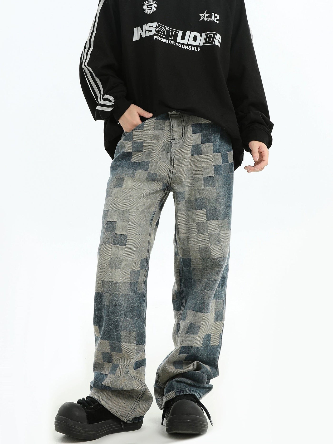 Pixel Pattern Detail Jeans Korean Street Fashion Jeans By INS Korea Shop Online at OH Vault