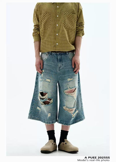 Distressed & Ripped Denim Shorts Korean Street Fashion Shorts By A PUEE Shop Online at OH Vault