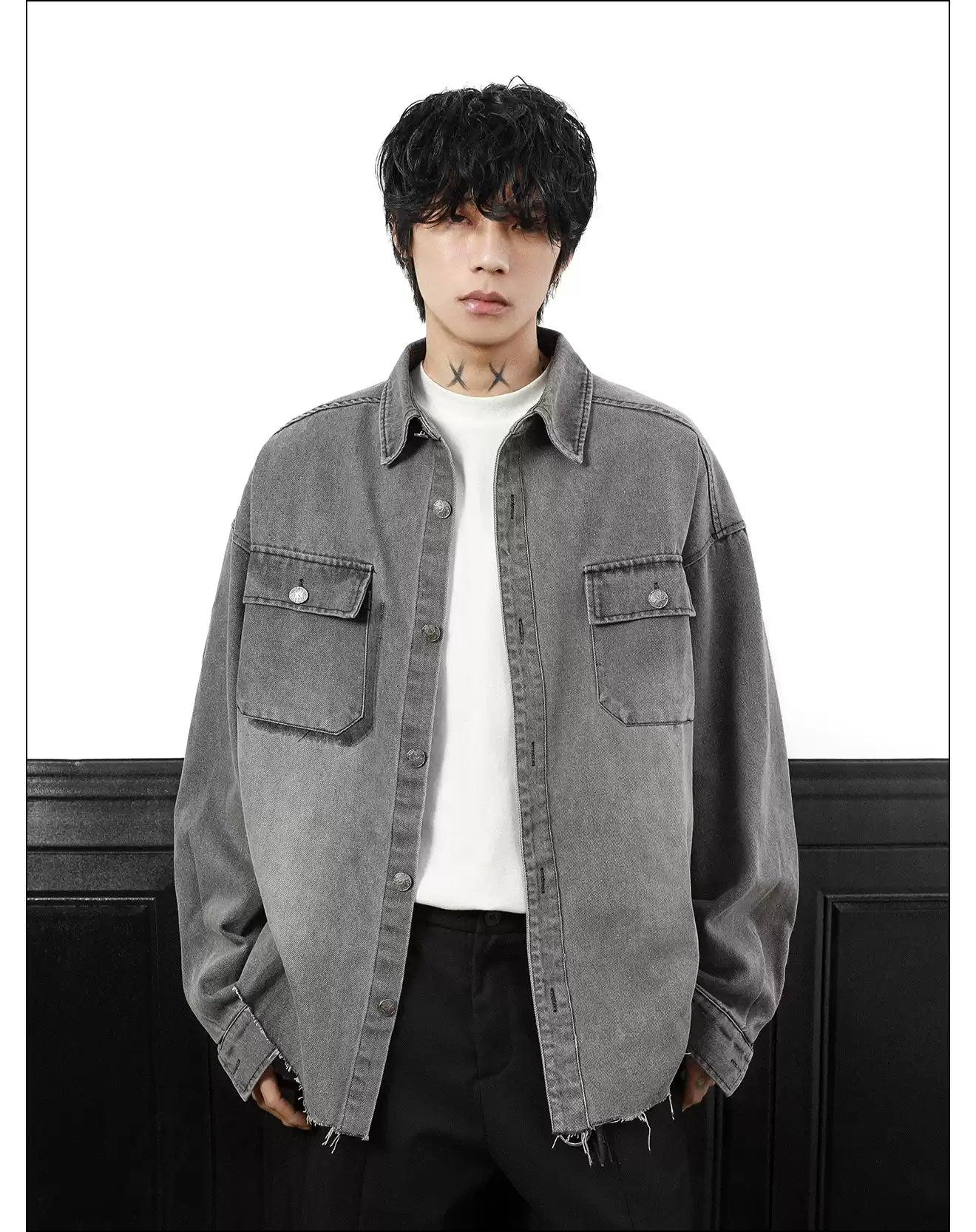 Washed Raw Edge Denim Shirt Korean Street Fashion Shirt By Mr Nearly Shop Online at OH Vault