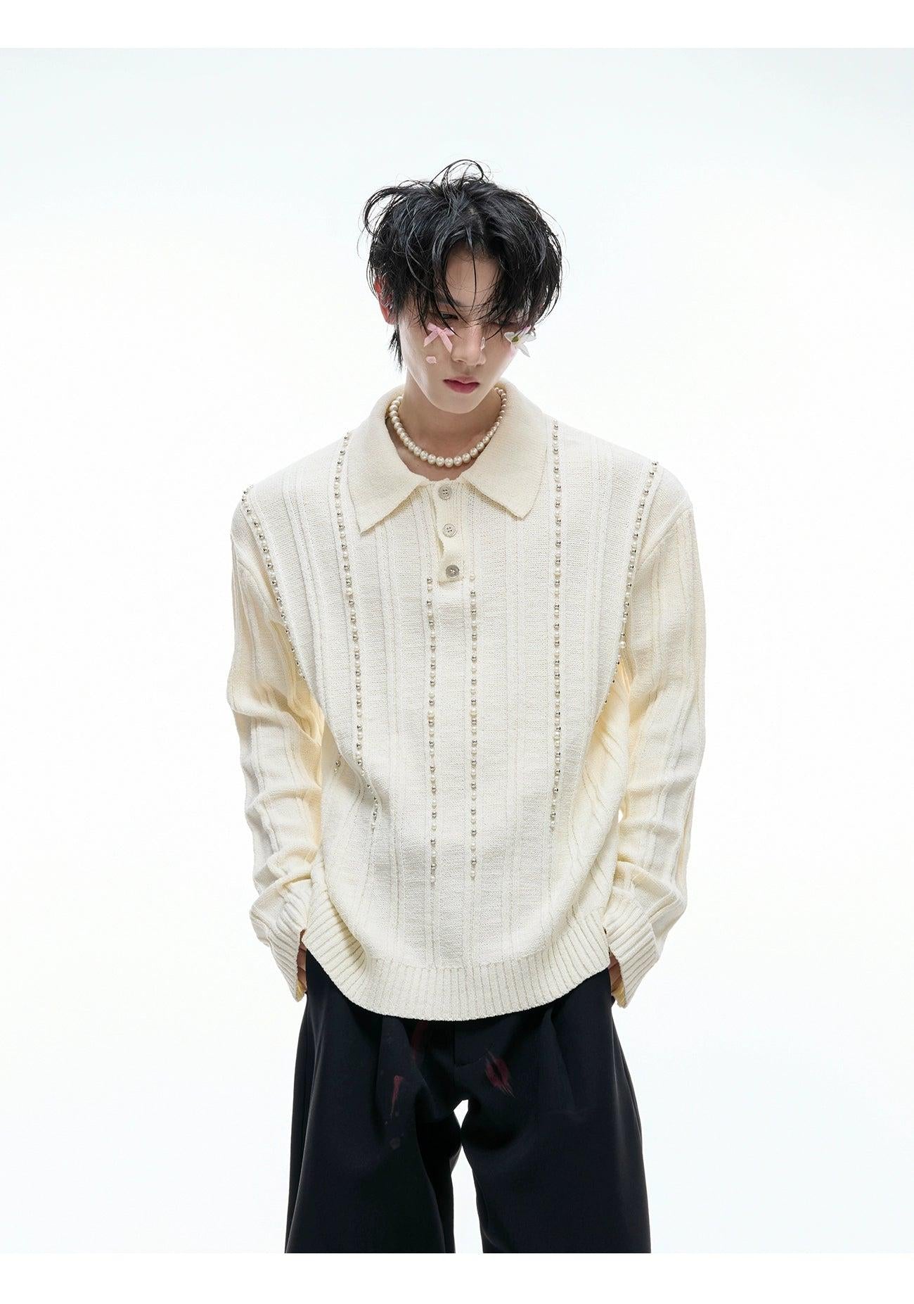 Pearl Embellished Stripes Knitted Polo Korean Street Fashion Polo By Argue Culture Shop Online at OH Vault