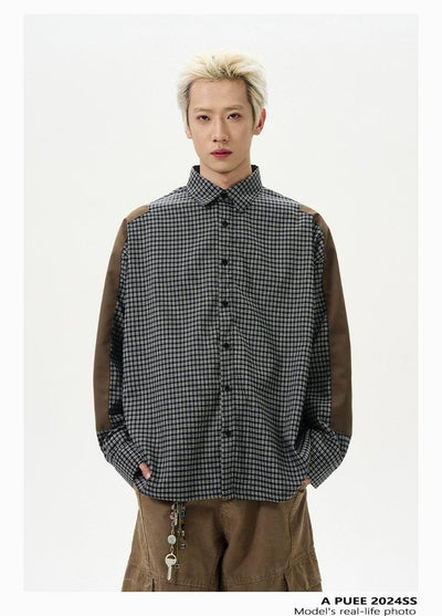 Plaid Patched Shirt Korean Street Fashion Shirt By A PUEE Shop Online at OH Vault