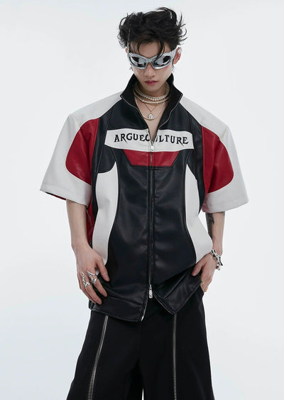 Color Block PU Leather Shirt Korean Street Fashion Shirt By Argue Culture Shop Online at OH Vault