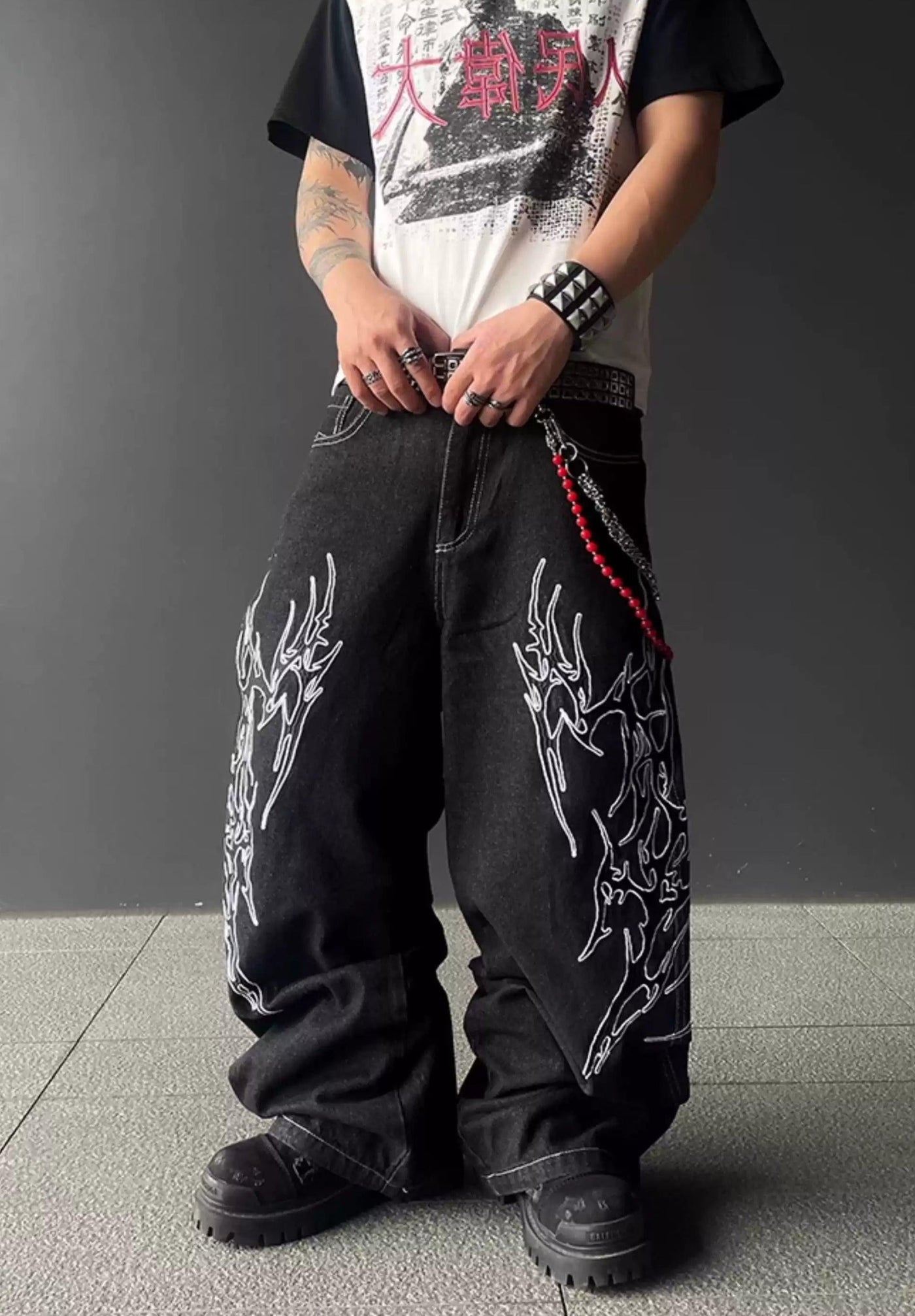 Stitched Fire Outline Grunge Jeans Korean Street Fashion Jeans By Dark Fog Shop Online at OH Vault