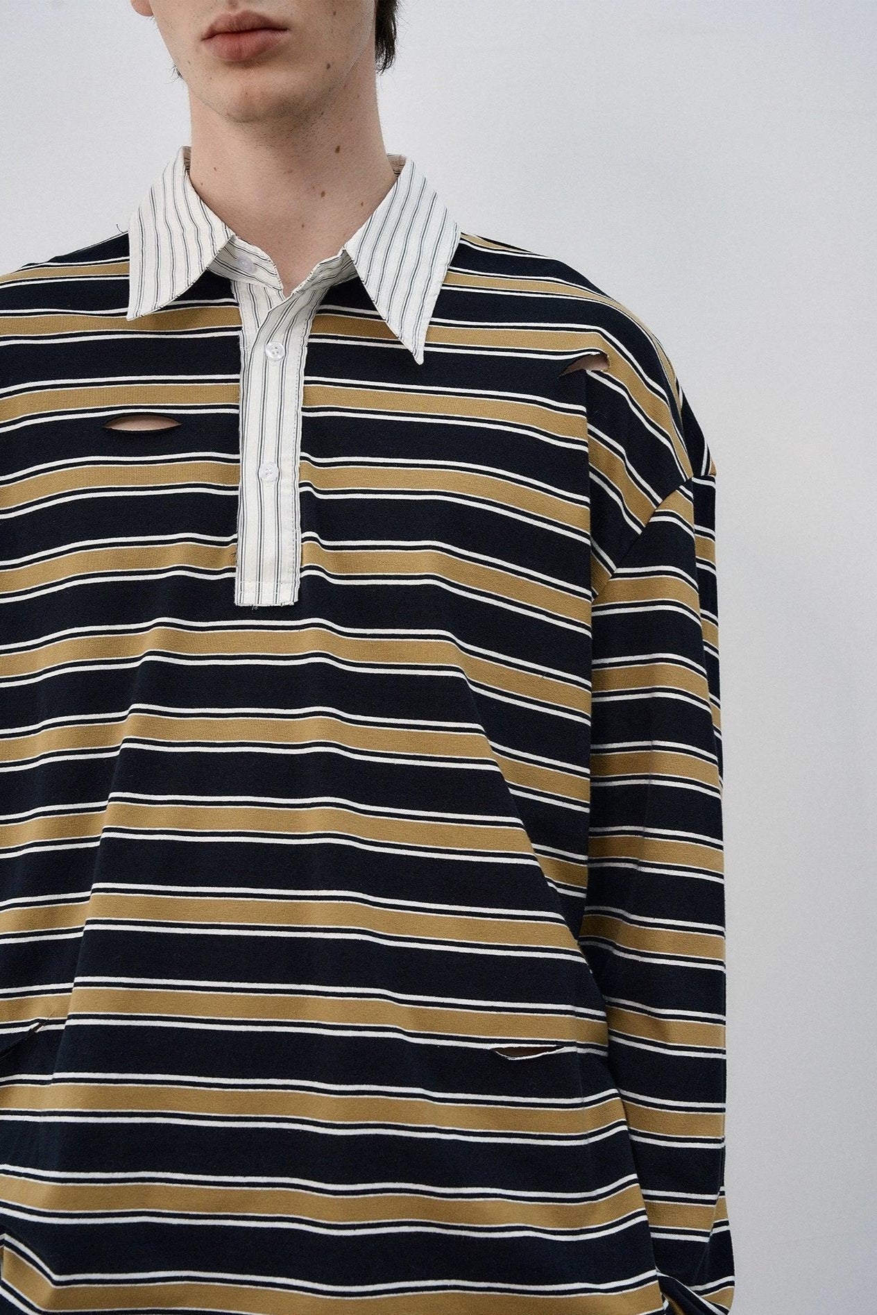 Spliced Collar Striped L/S T-Shirt Korean Street Fashion T-Shirt By MaxDstr Shop Online at OH Vault