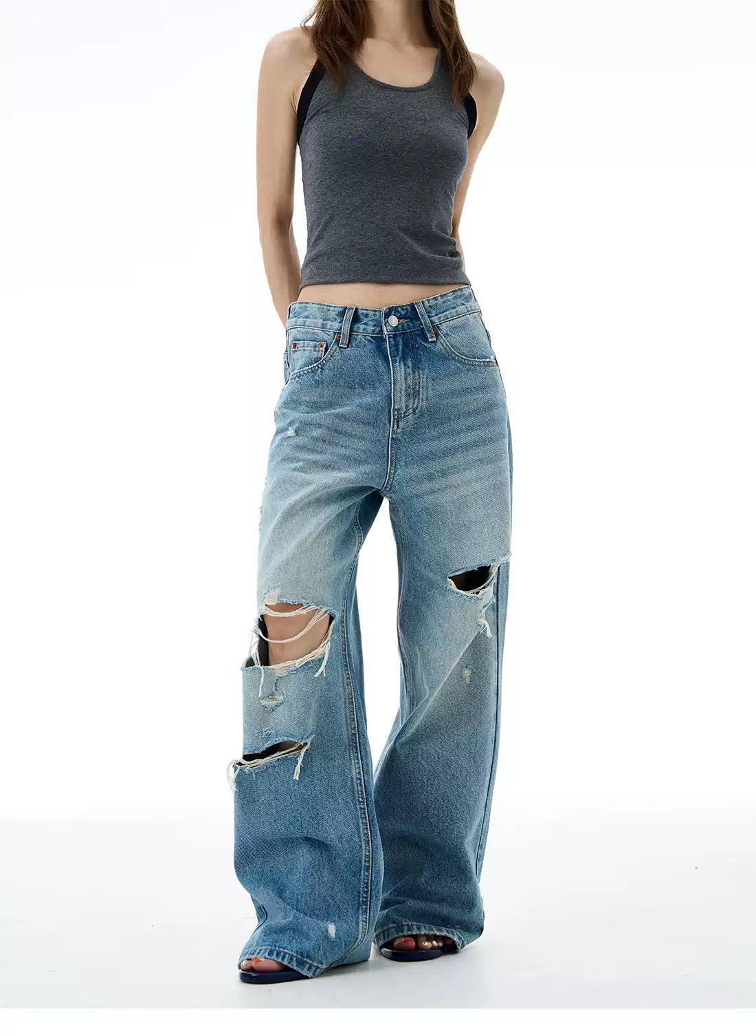 Ripped Lines Light Fade Jeans Korean Street Fashion Jeans By 77Flight Shop Online at OH Vault