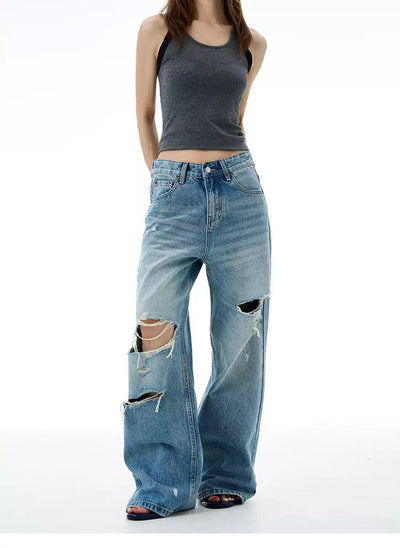 Ripped Lines Light Fade Jeans Korean Street Fashion Jeans By 77Flight Shop Online at OH Vault