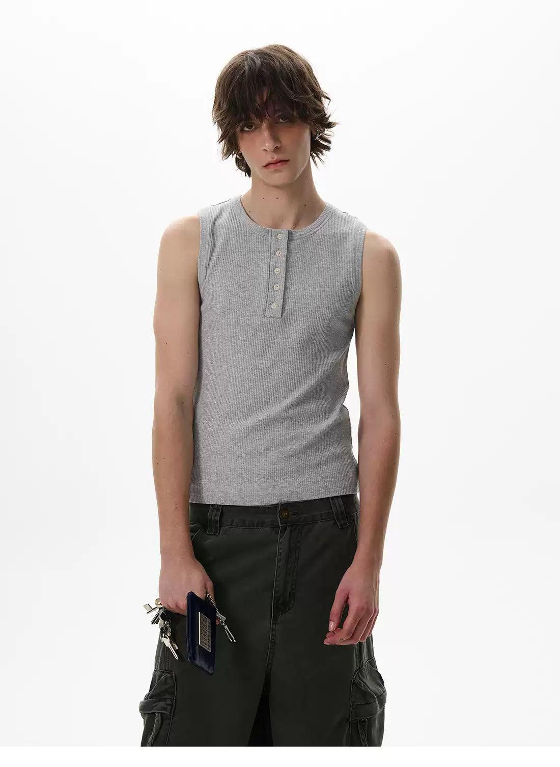 Henley Collar Slim Fit Tank Top Korean Street Fashion Tank Top By 77Flight Shop Online at OH Vault