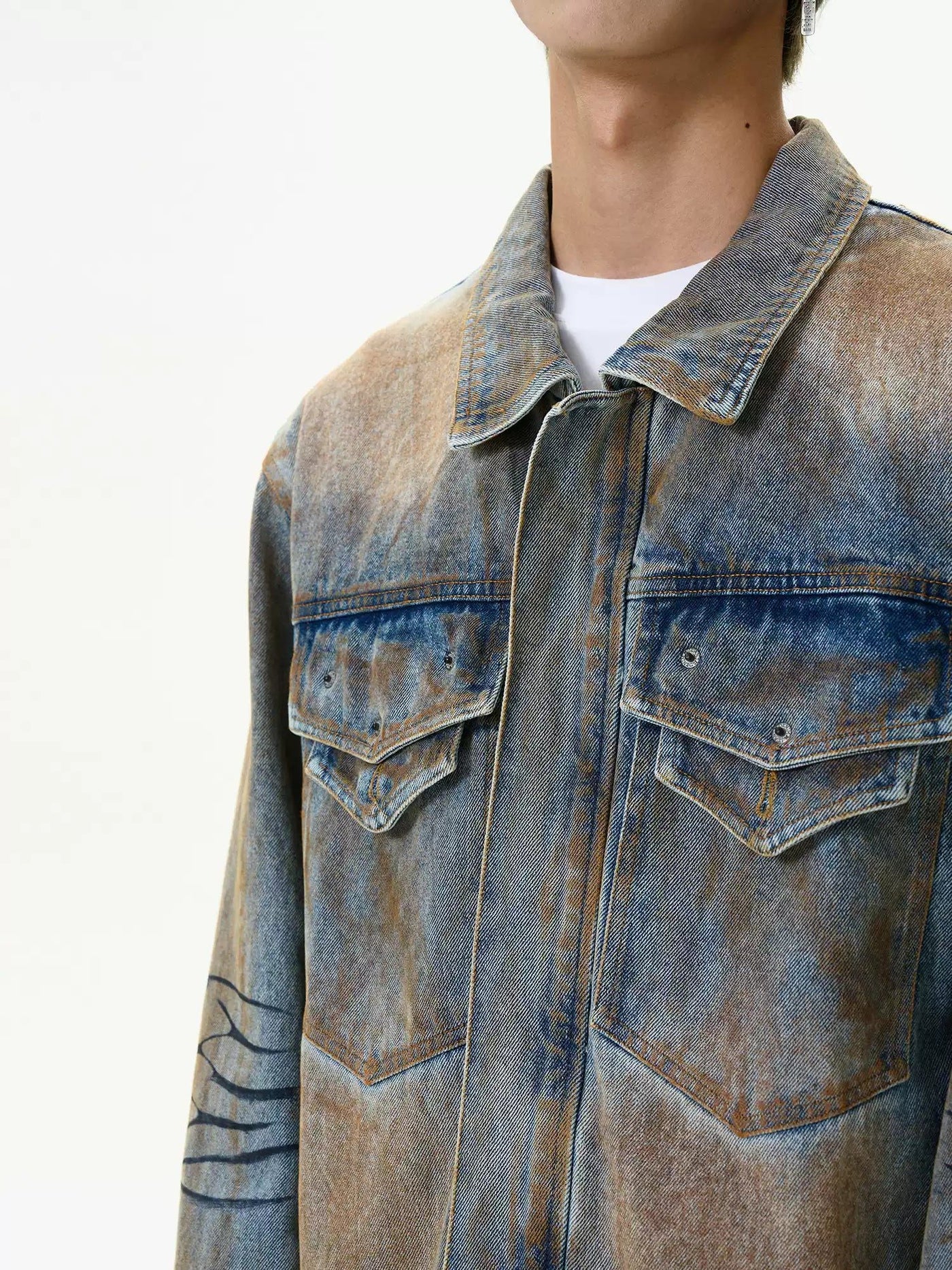 Washed Stitched Pocket Denim Jacket Korean Street Fashion Jacket By MaxDstr Shop Online at OH Vault