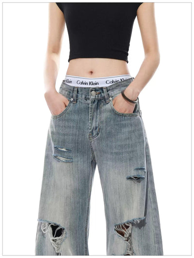 Textured Distressed Wide Jeans Korean Street Fashion Jeans By Mr Nearly Shop Online at OH Vault