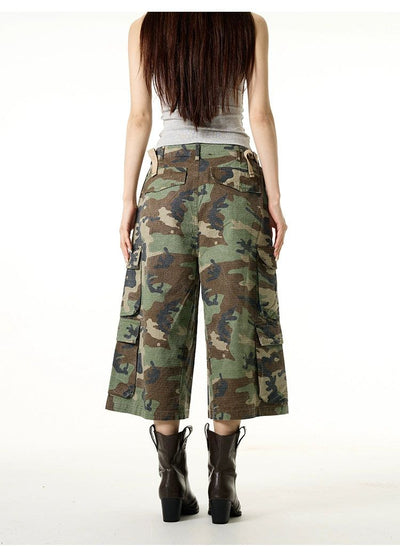 Camo Wide Leg Cargo Shorts Korean Street Fashion Shorts By 77Flight Shop Online at OH Vault