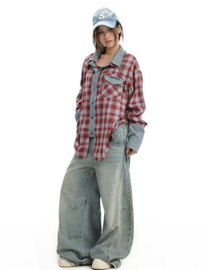 Spliced Blocks Plaid Shirt Korean Street Fashion Shirt By INS Korea Shop Online at OH Vault