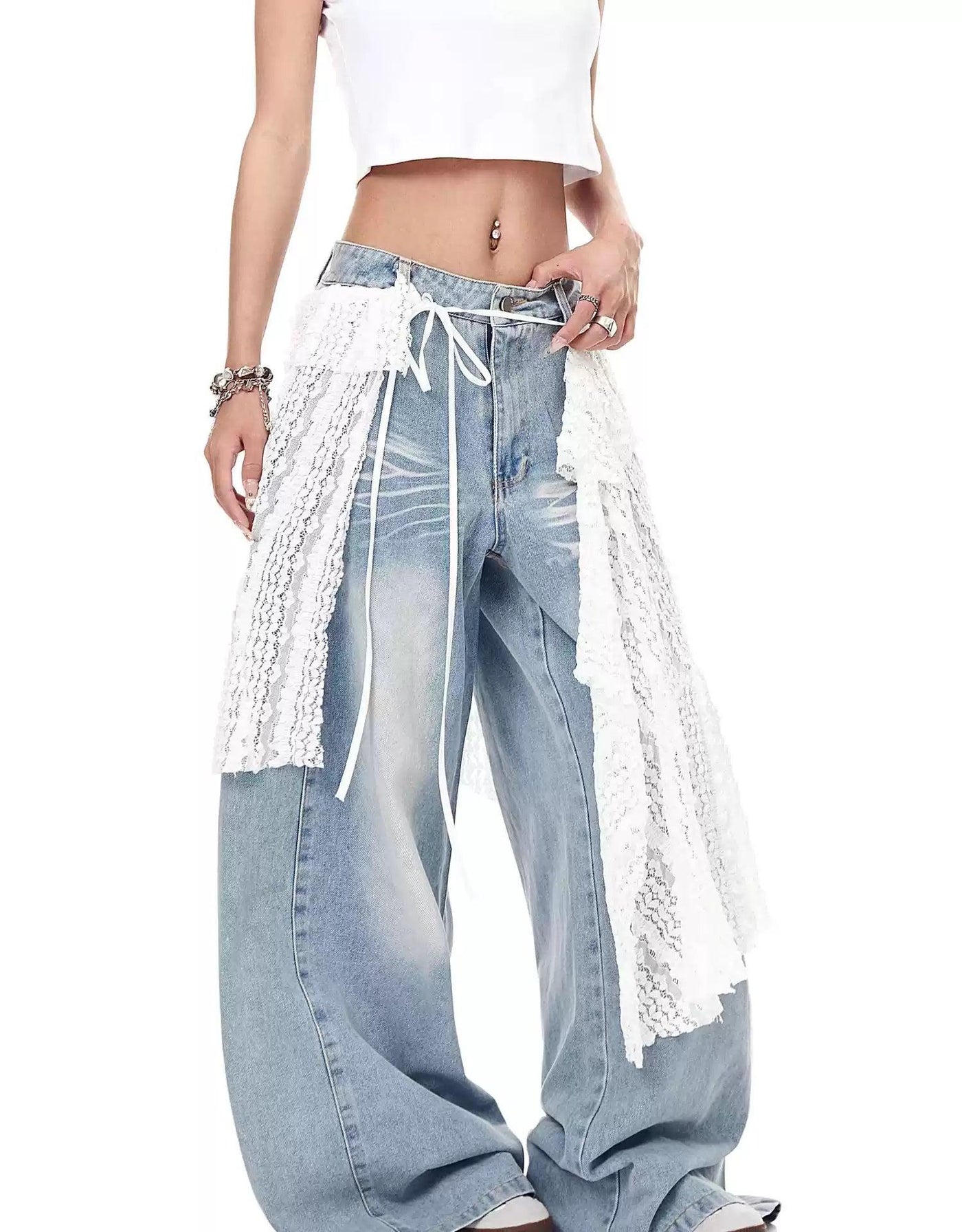 Lace Fabric Layered Jeans Korean Street Fashion Jeans By Blacklists Shop Online at OH Vault
