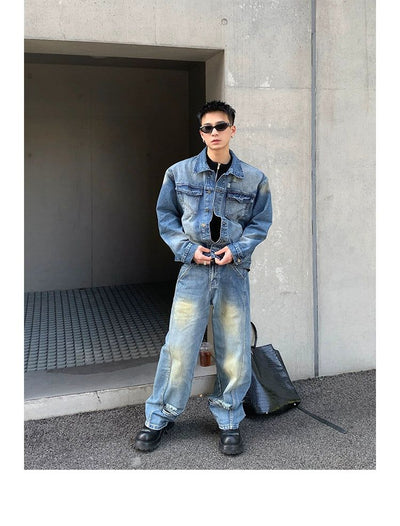 Washed Denim Jacket & Distressed Jeans Set Korean Street Fashion Clothing Set By Poikilotherm Shop Online at OH Vault