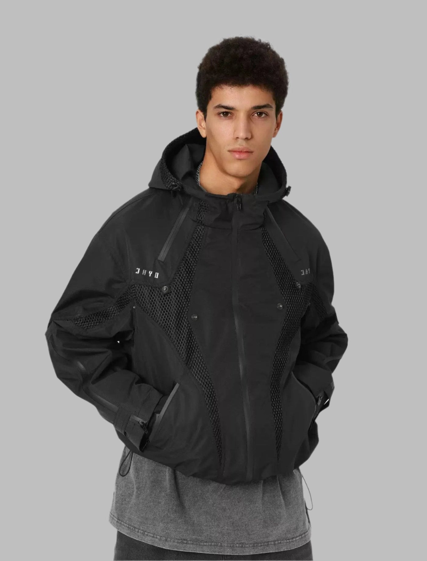 Spliced Mesh Boxy Windbreaker Jacket Korean Street Fashion Jacket By JHYQ Shop Online at OH Vault