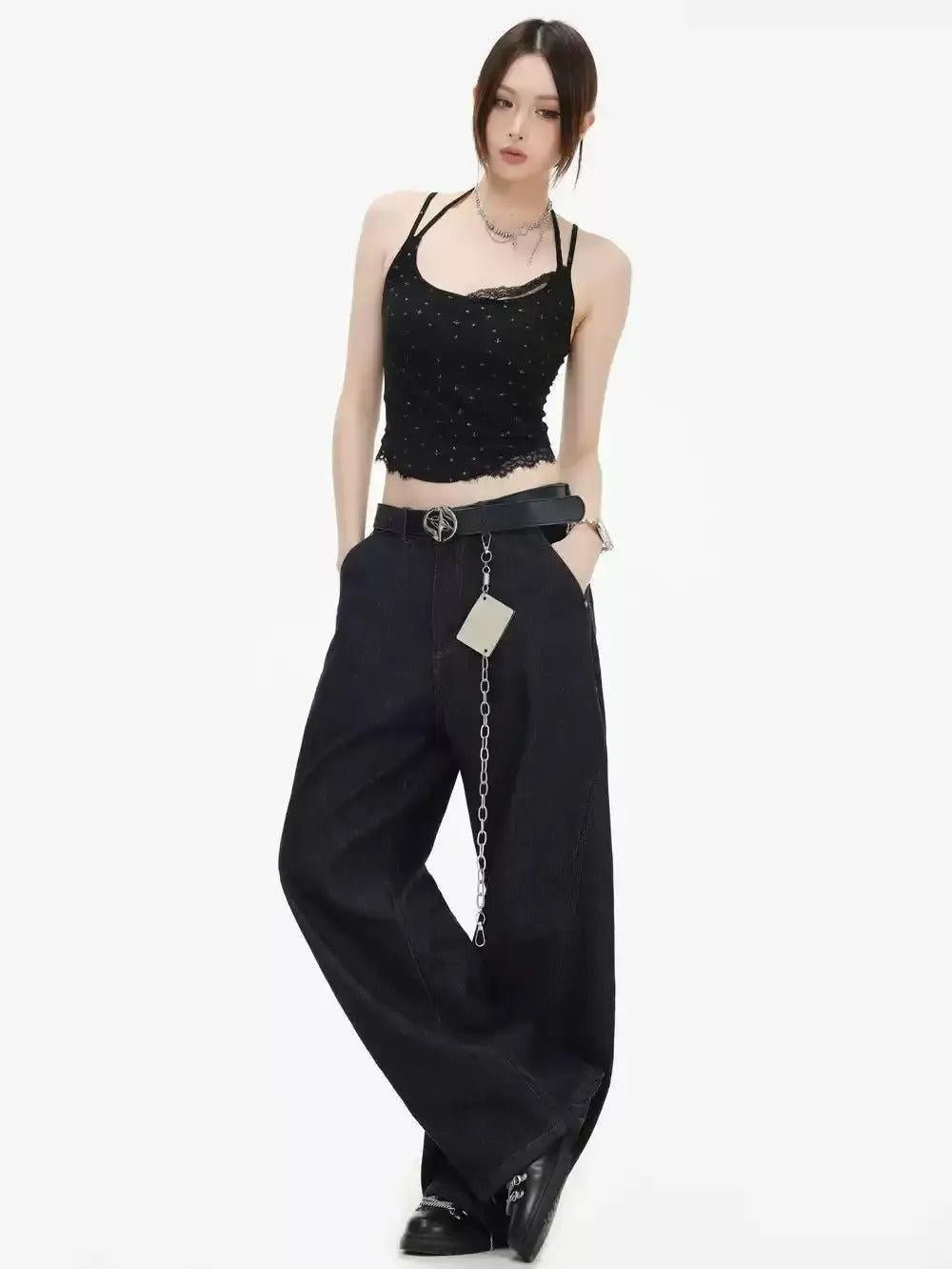 Chain Detail Straight Leg Jeans Korean Street Fashion Jeans By INS Korea Shop Online at OH Vault