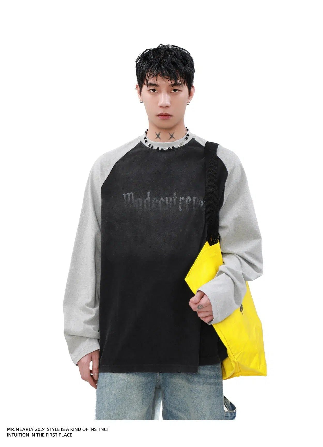 Faded Logo Raglan Sleeve Long Sleeve T-Shirt Korean Street Fashion T-Shirt By Mr Nearly Shop Online at OH Vault