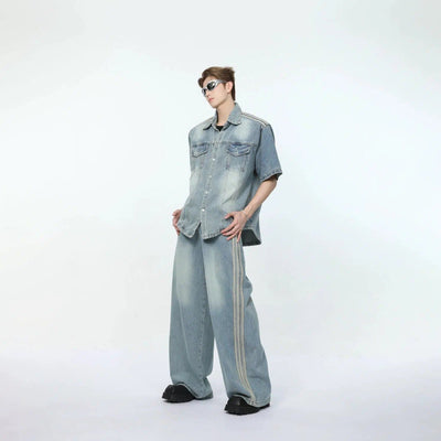 Faded Denim Shirt & Jeans Set Korean Street Fashion Clothing Set By Turn Tide Shop Online at OH Vault
