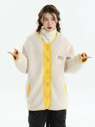 Contrast Wide Buttons Fleece Cardigan Korean Street Fashion Cardigan By INS Korea Shop Online at OH Vault