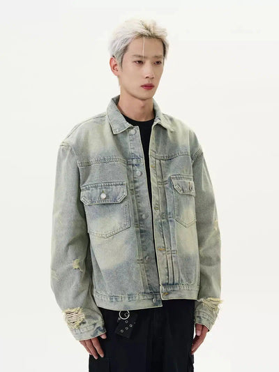 Distressed Washed Flap Pocket Denim Jacket Korean Street Fashion Jacket By A PUEE Shop Online at OH Vault