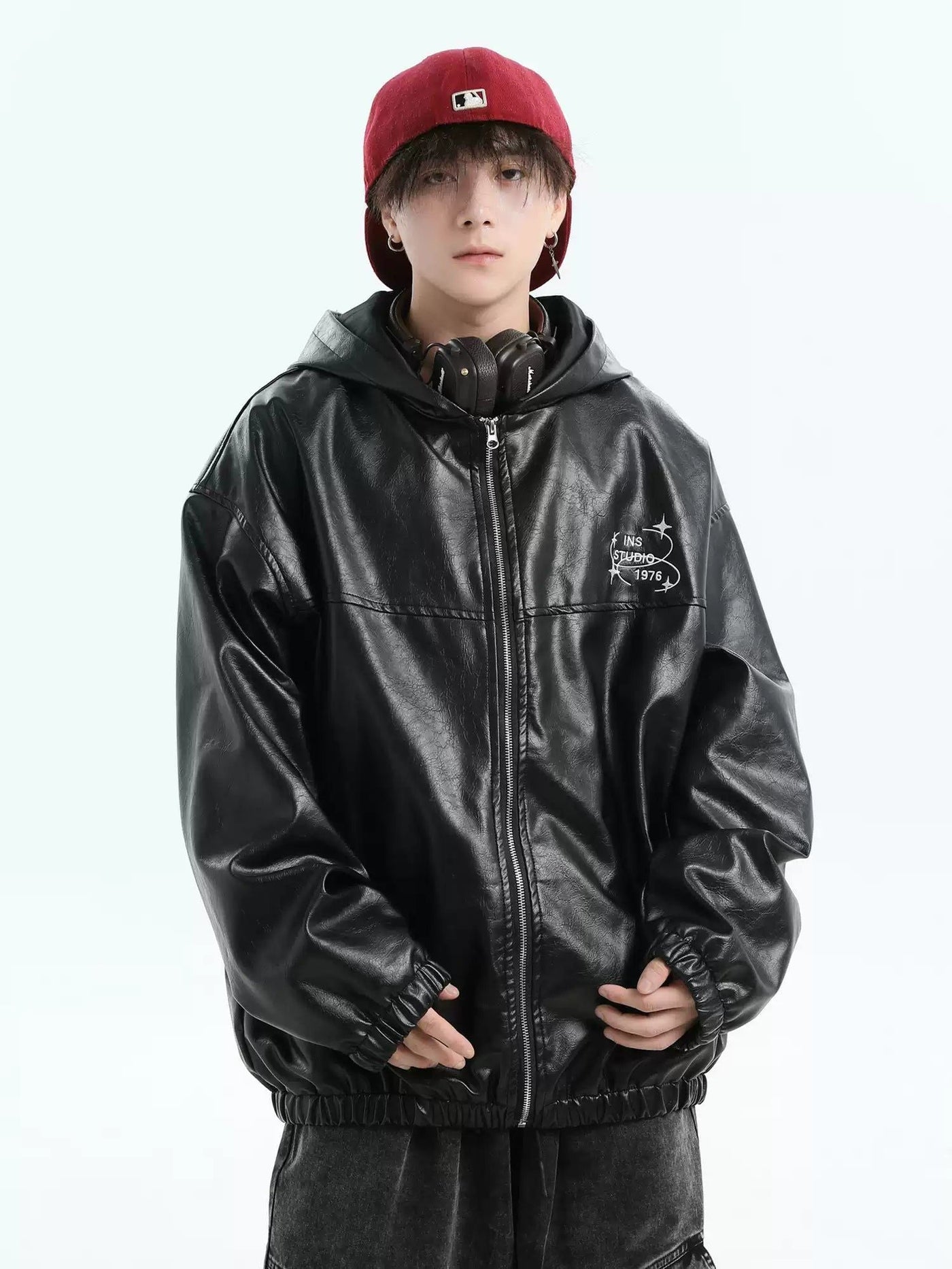 Zipped Hooded PU Leather Jacket Korean Street Fashion Jacket By INS Korea Shop Online at OH Vault