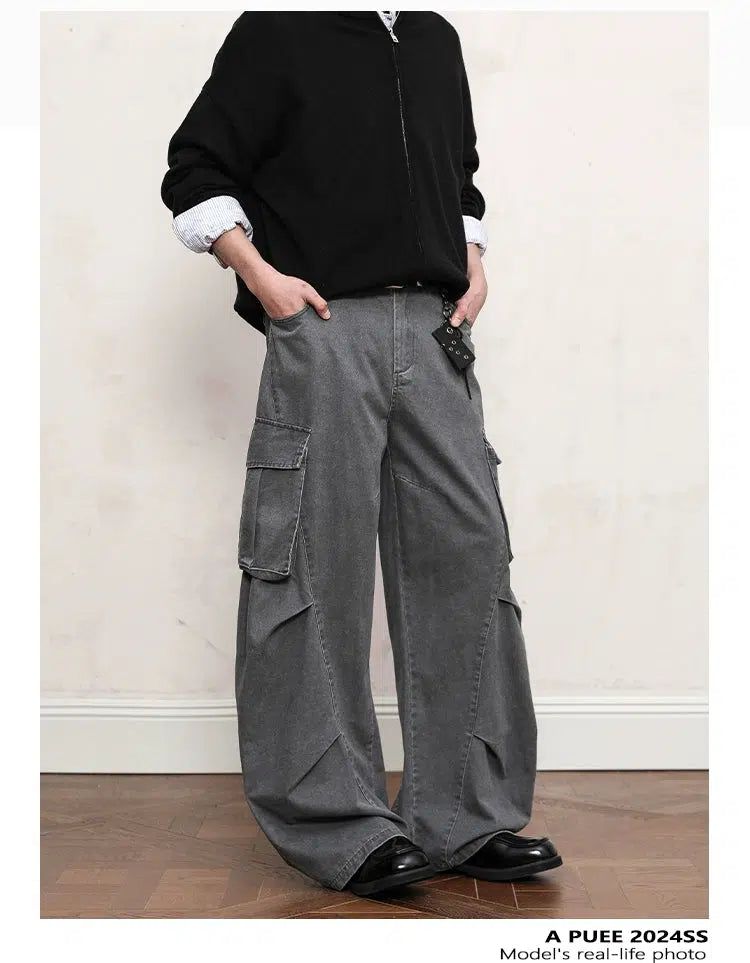 Faded Pleats Wide Cargo Pants Korean Street Fashion Pants By A PUEE Shop Online at OH Vault