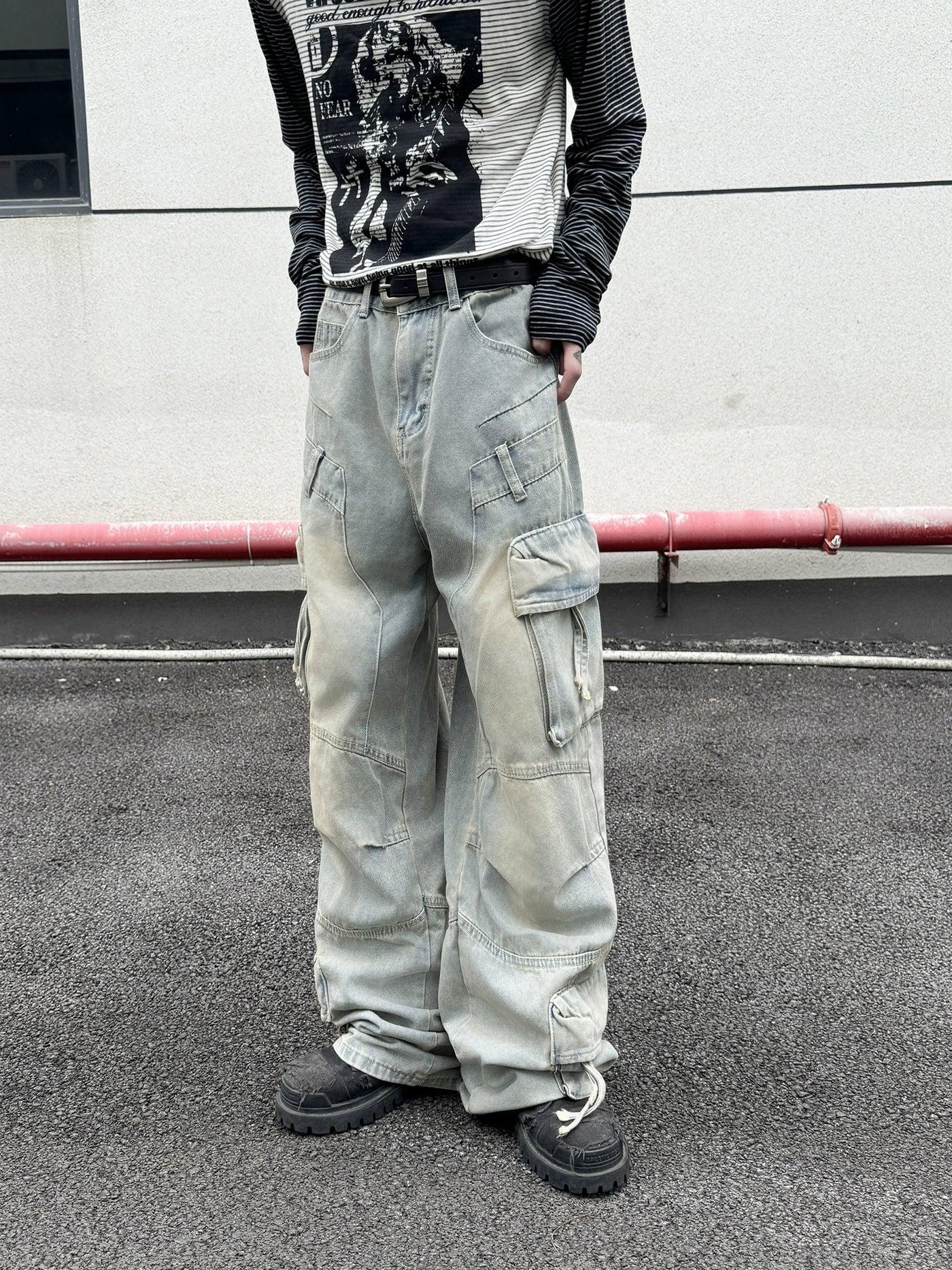 Multiple Detail Faded Jeans Korean Street Fashion Jeans By Ash Dark Shop Online at OH Vault