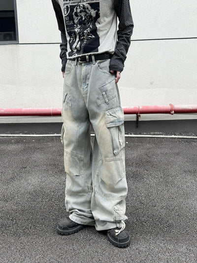 Multiple Detail Faded Jeans Korean Street Fashion Jeans By Ash Dark Shop Online at OH Vault