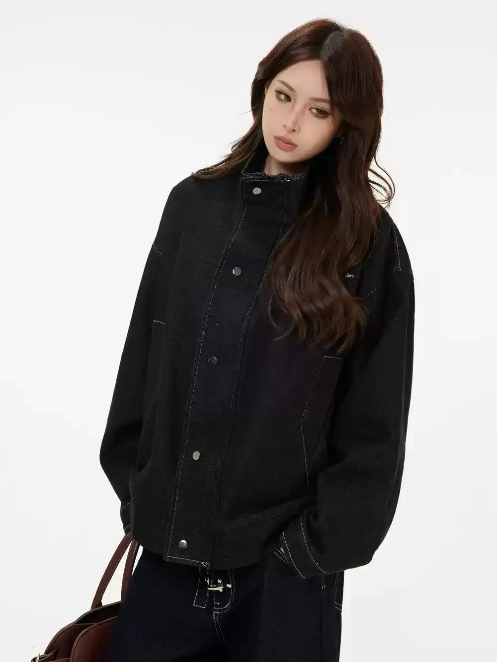 High Neck Raw Denim Jacket Korean Street Fashion Jacket By INS Korea Shop Online at OH Vault