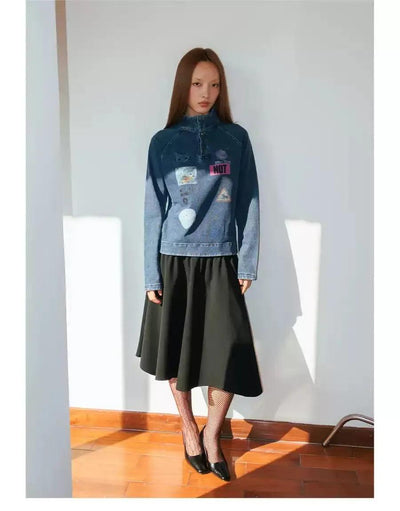 Boxy Fit Graphic Denim Half-Buttoned Shirt Korean Street Fashion Shirt By Funky Fun Shop Online at OH Vault