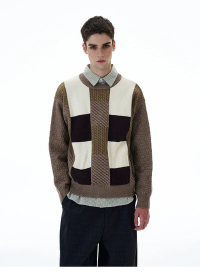 Contrast Patterned Round Neck Sweater Korean Street Fashion Sweater By 77Flight Shop Online at OH Vault