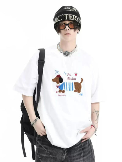 Dachshund Towel Embroidery T-Shirt Korean Street Fashion T-Shirt By INS Korea Shop Online at OH Vault
