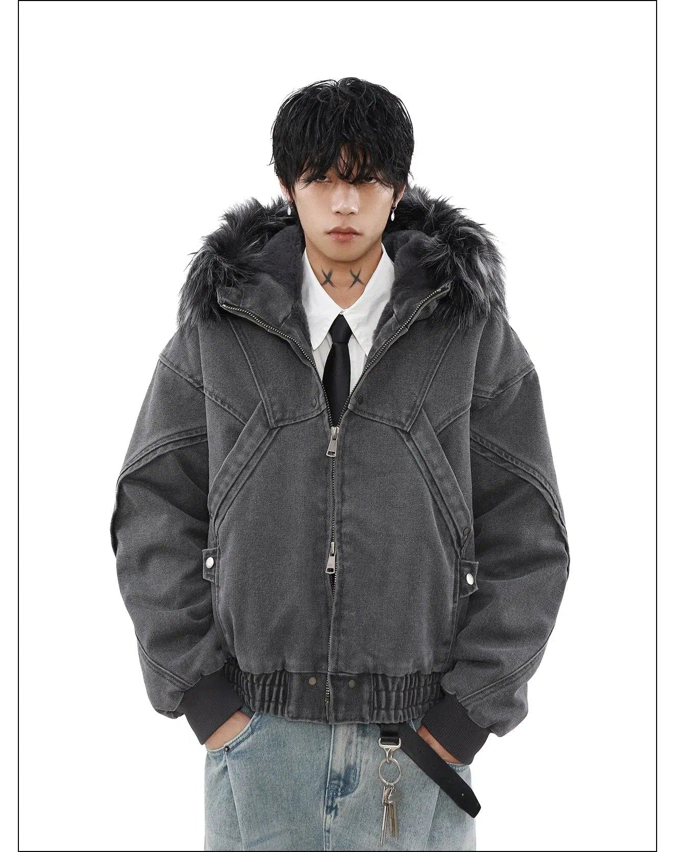 Washed Structured Fur Hooded Jacket Korean Street Fashion Jacket By Mr Nearly Shop Online at OH Vault