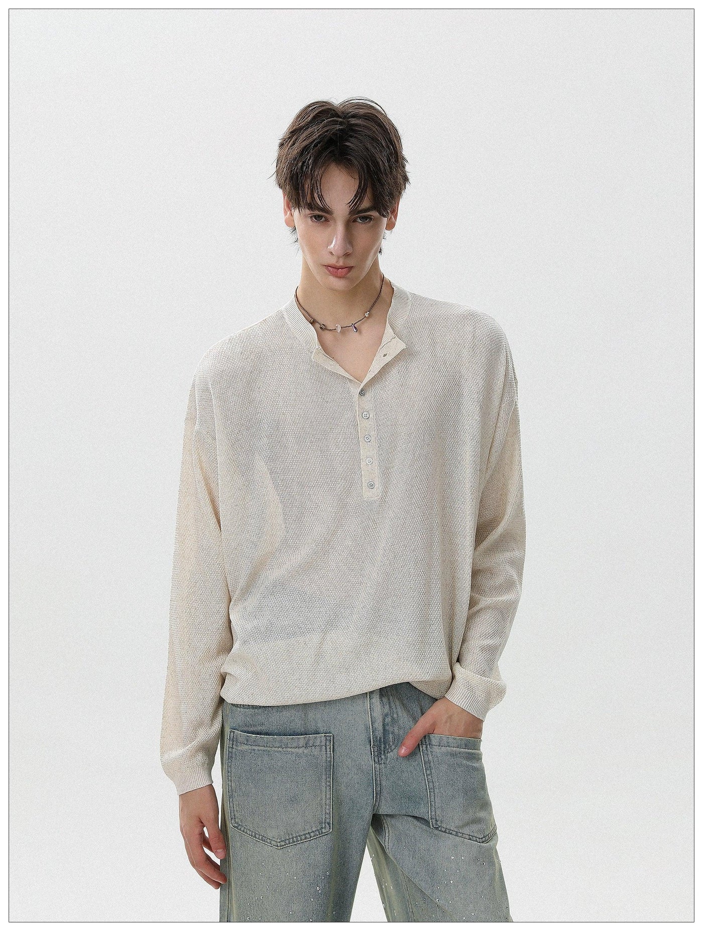 Thin Sheer Henley Collar Sweater Korean Street Fashion Sweater By Mr Nearly Shop Online at OH Vault