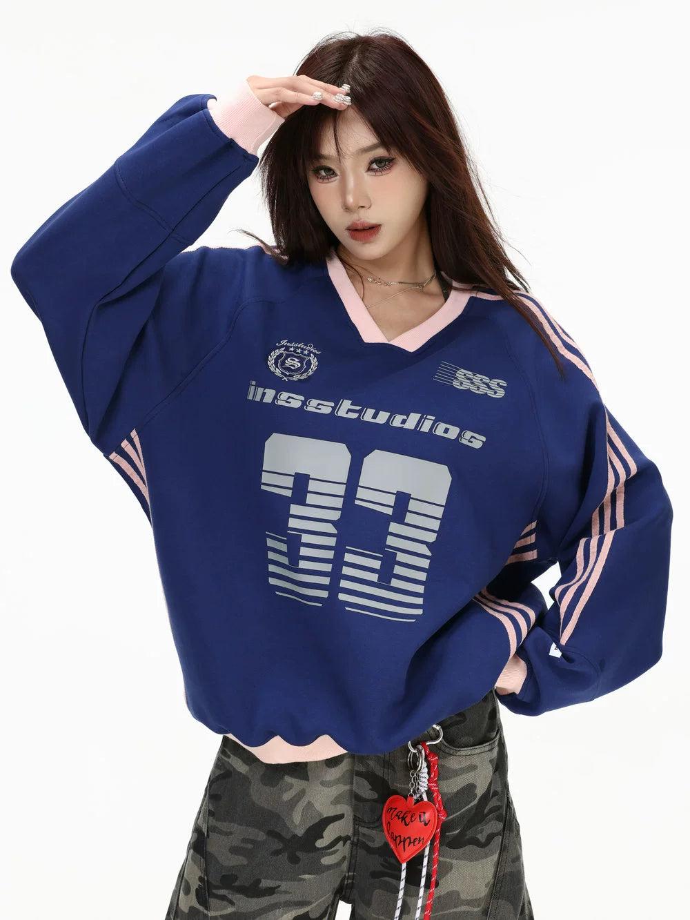 Striped Sporty V-Neck Crewneck Korean Street Fashion Crewneck By INS Korea Shop Online at OH Vault