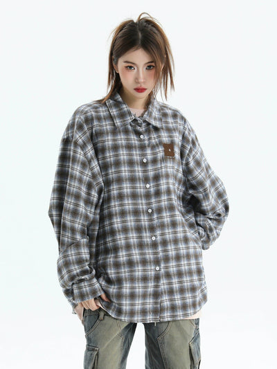 Plaid Embroidered Logo Shirt Korean Street Fashion Shirt By INS Korea Shop Online at OH Vault