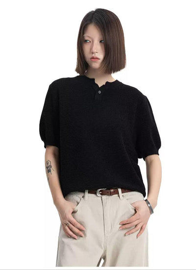 Waffle Grid Buttoned Knit T-Shirt Korean Street Fashion T-Shirt By Made Extreme Shop Online at OH Vault