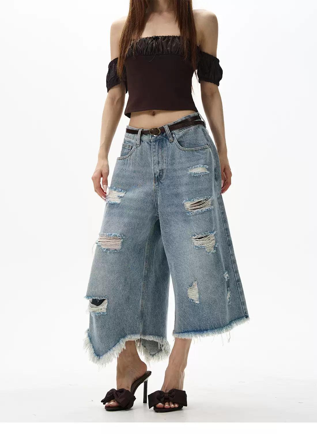 Distressed Irregular Cut Denim Shorts Korean Street Fashion Shorts By 77Flight Shop Online at OH Vault