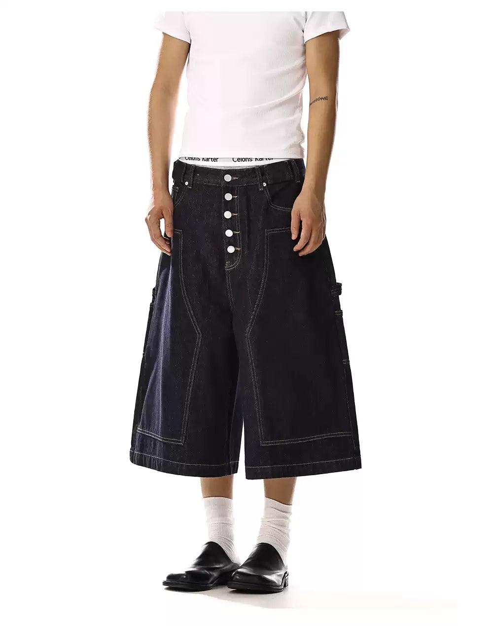 Multi-Buttoned Contrast Stitches Denim Shorts Korean Street Fashion Shorts By MEBXX Shop Online at OH Vault