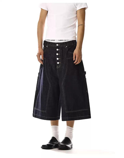 Multi-Buttoned Contrast Stitches Denim Shorts Korean Street Fashion Shorts By MEBXX Shop Online at OH Vault