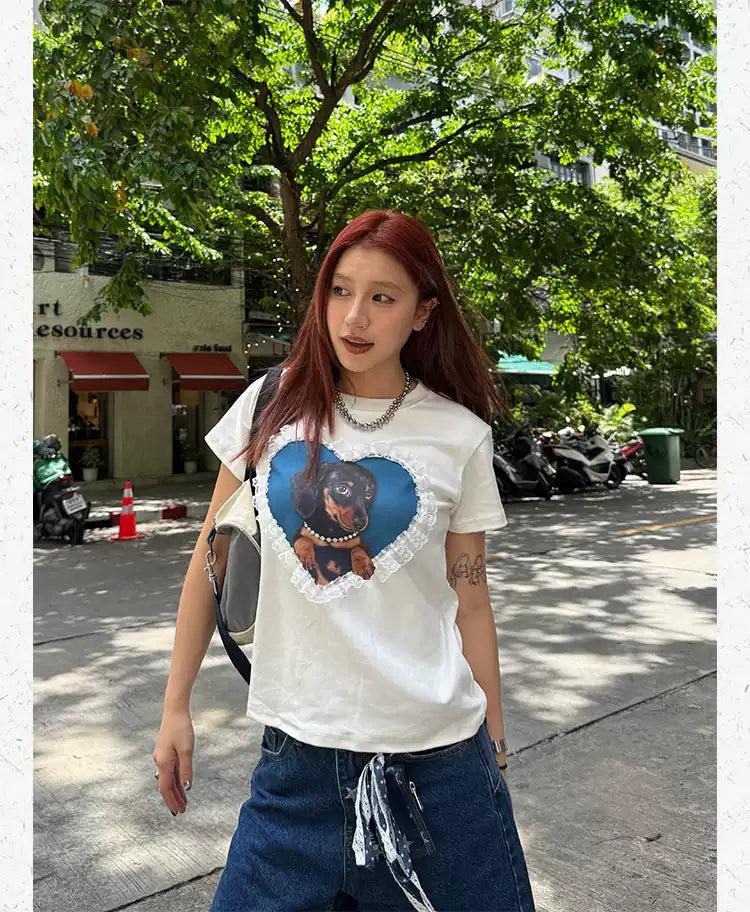 Laced Heart Dog Graphic Print T-Shirt Korean Street Fashion T-Shirt By Made Extreme Shop Online at OH Vault