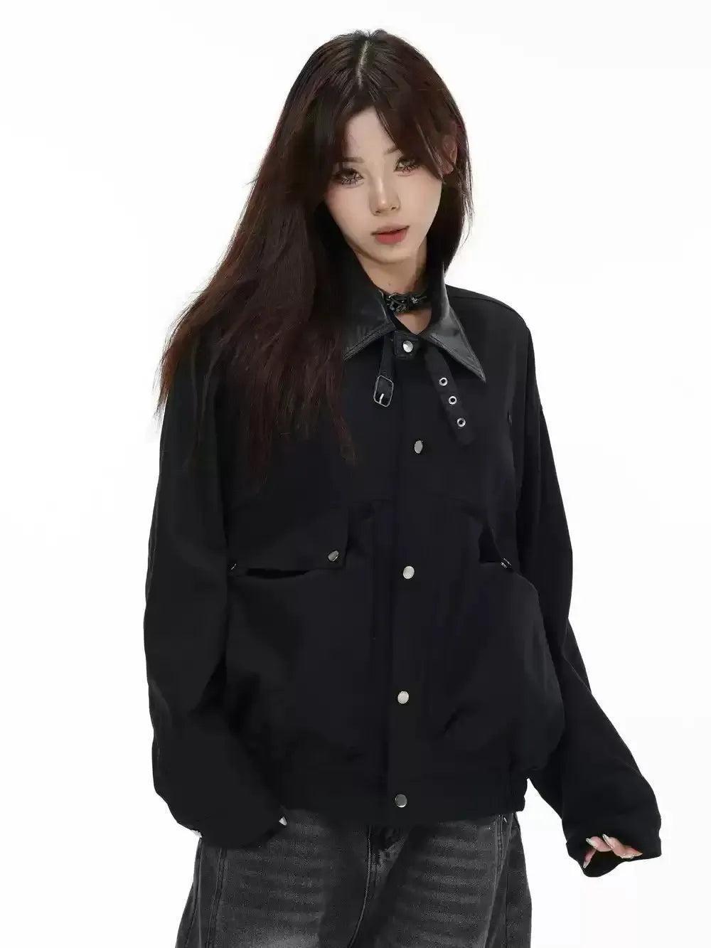 Ruched Hem PU Leather Collar Jacket Korean Street Fashion Jacket By INS Korea Shop Online at OH Vault