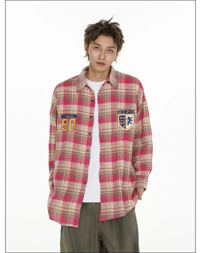 Plaid Badge Embroidered Shirt Korean Street Fashion Shirt By Mr Nearly Shop Online at OH Vault